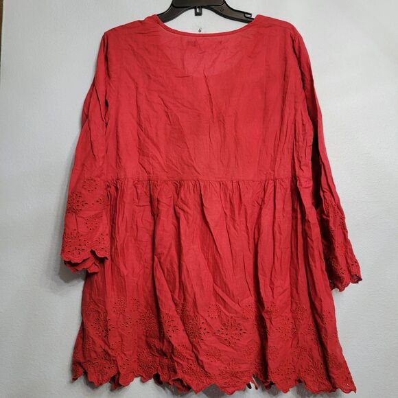 Gudrun Sjoden Okarina Organic Cotton Top Red 3/4 Sleeve Embroidered Tunic MED - Picture 2 of 7
